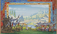 Mstislav Doboujinsky. Theatrical scenery sketch for Musorsky’s opera "The Fair at Sorochyntsi". 1942